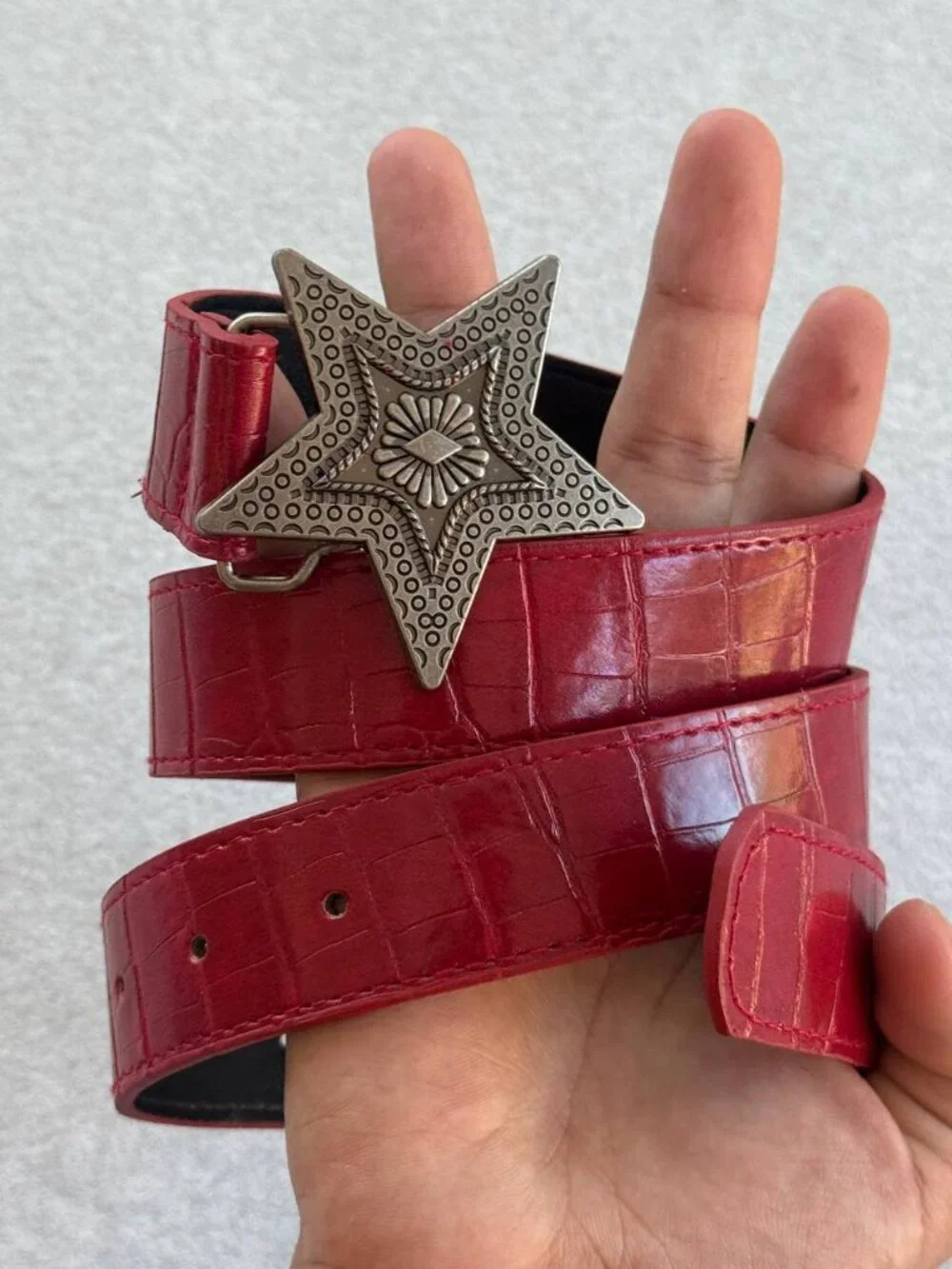 Red Faux Croc Western Star Buckle Belt